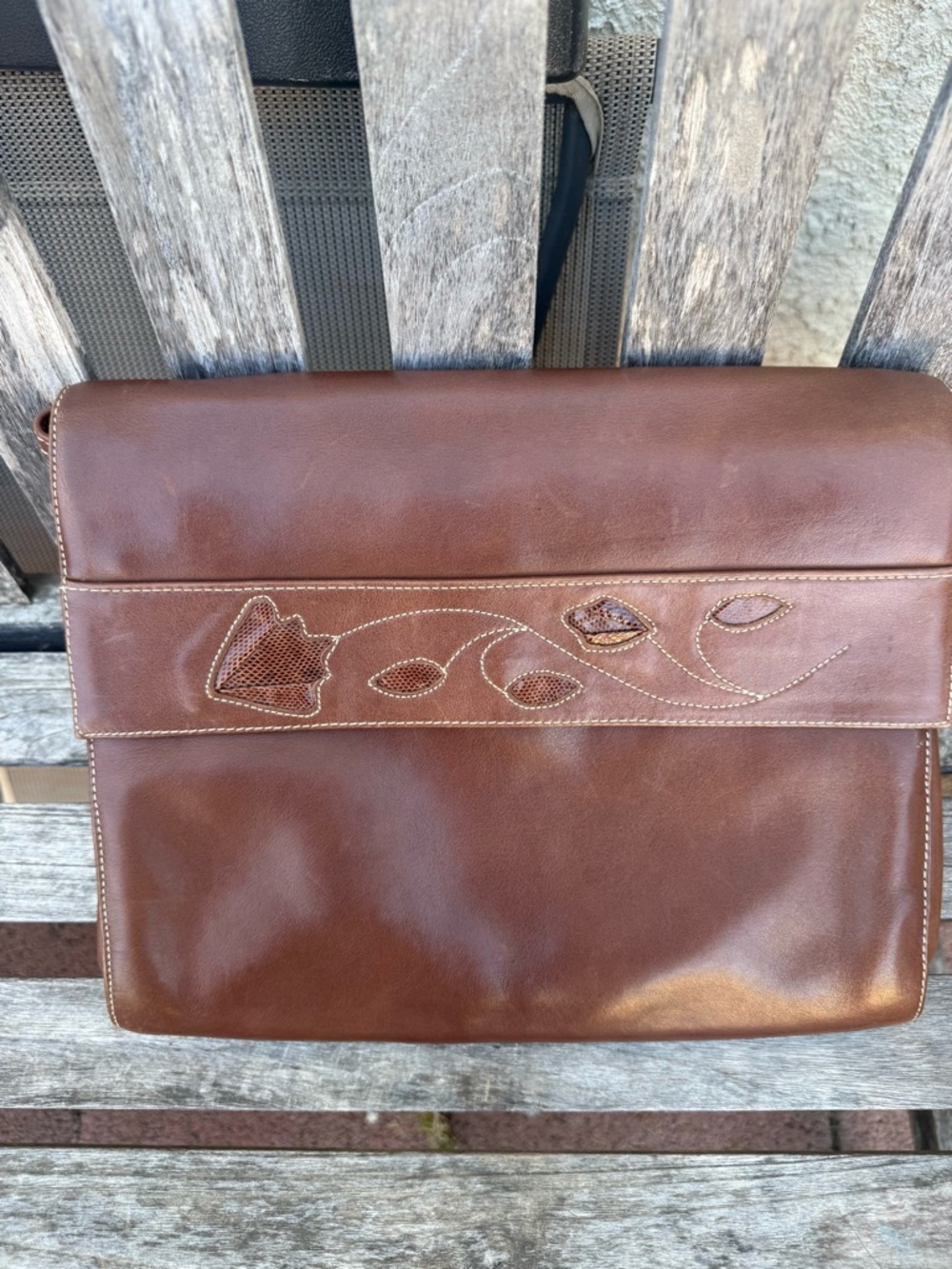 Classic Brown Leather Messenger Bag with Floral Stitch Detail Susan Gail Spain
